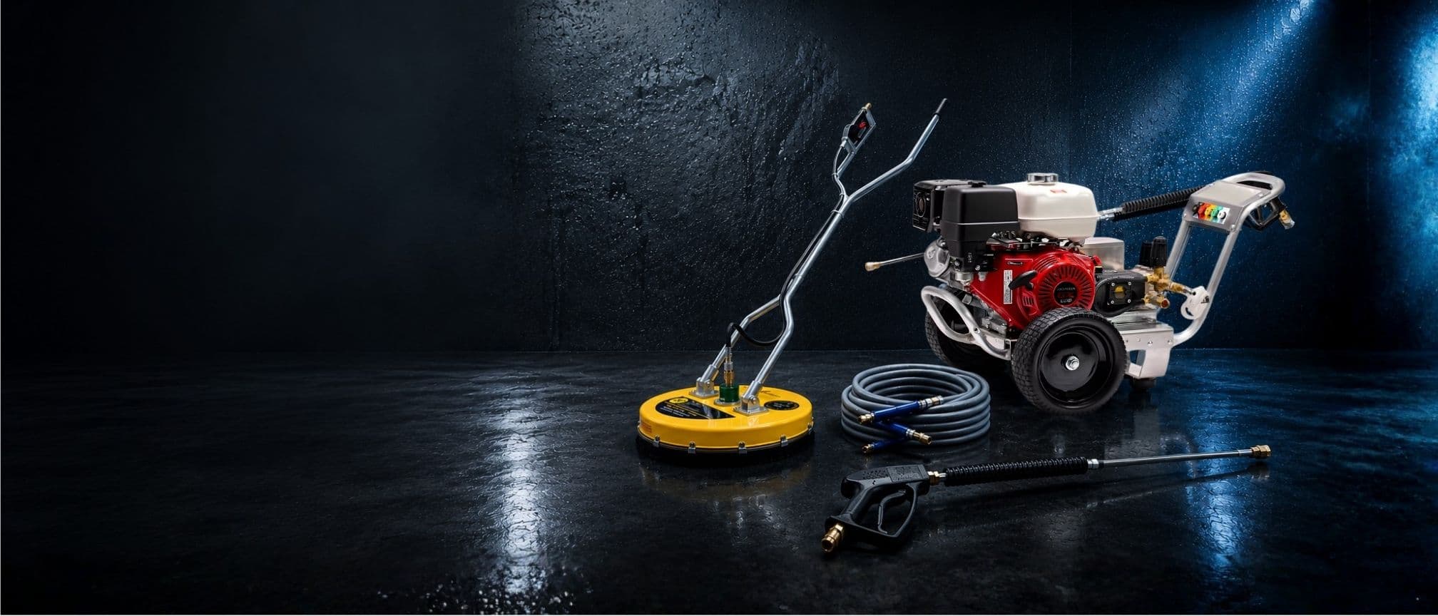 Surface cleaner, hose, spray gun, and pressure washer setup